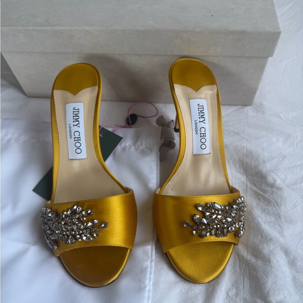 Jimmy Choo Yellow Satin Jeweled Slide Sandals
